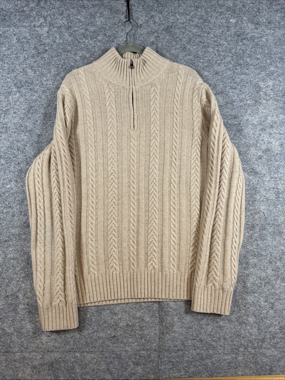 J.Crew Rugged Merino Cable Knit Quarter Zip Sweater Beige Large Fisherman Core
